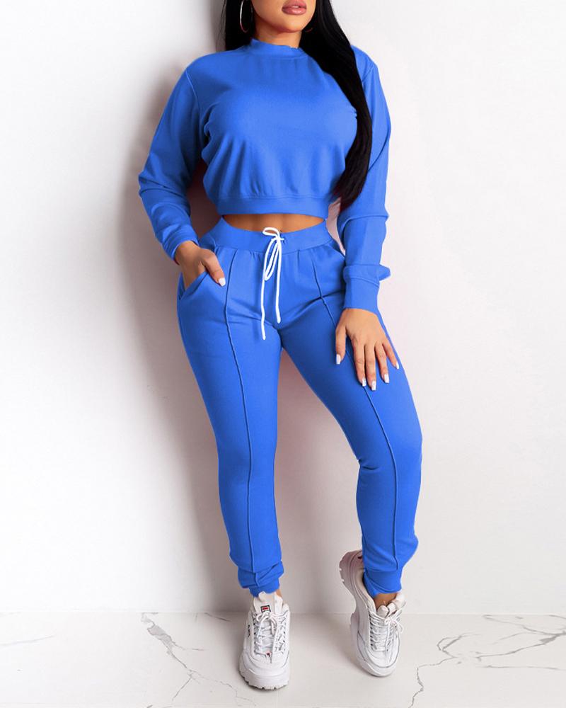 

Long Sleeve Crop Top & Drawstring Pocket Pants Set, Blue