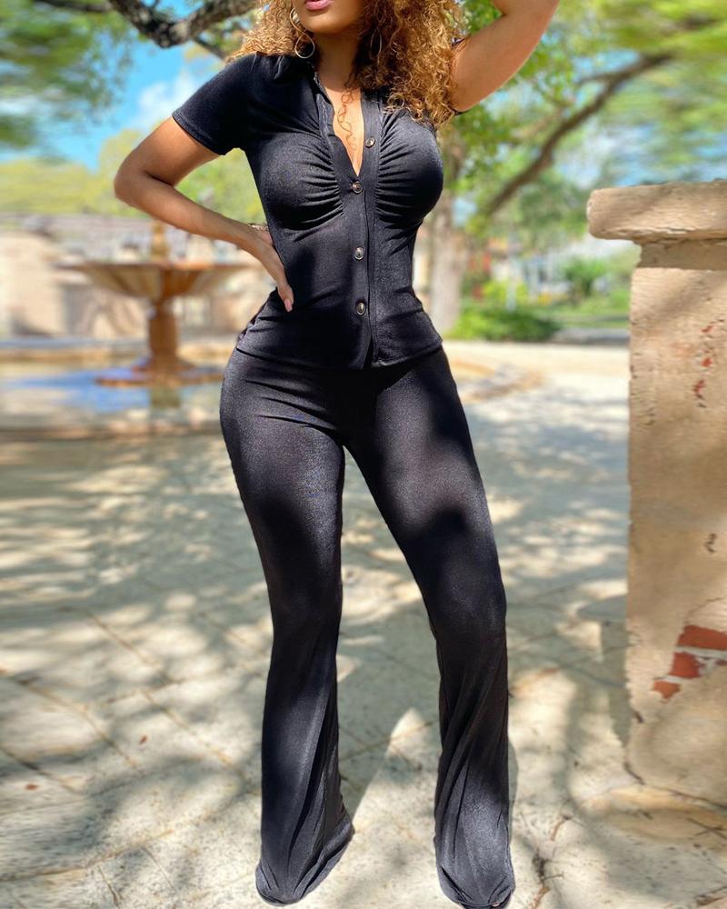 

Velvet Ruched Button Down Shirt & Pants Set, Black