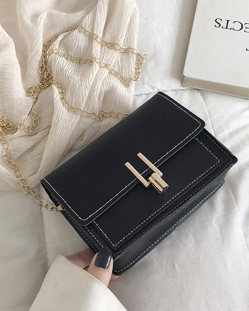 

Colorblock Chain Strap Lock Flap Shoulder Bag, Black