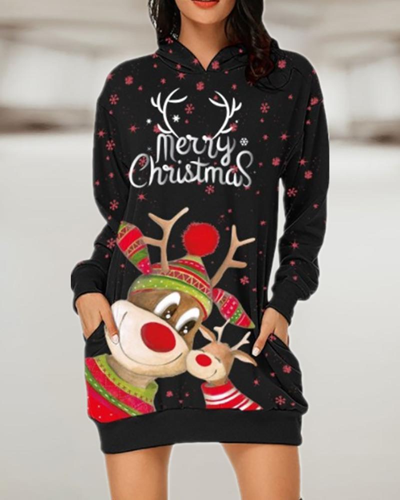 

Christmas Pocket Design Letter Elk Snowflake Print Bodycon Dress, Black