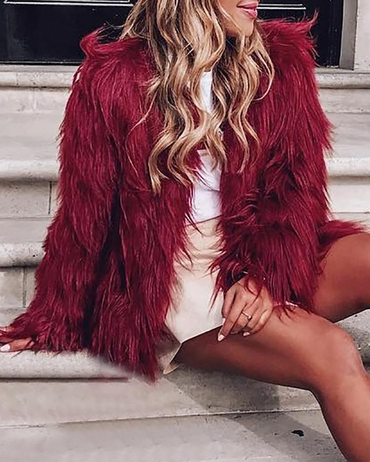 

Warm Faux Fur Fluffy Cropped Jacket, Wine red