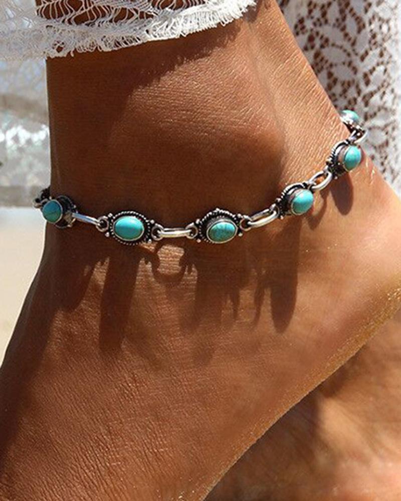 

1pc Bohemian Turquoise Beaded Anklet, Silver