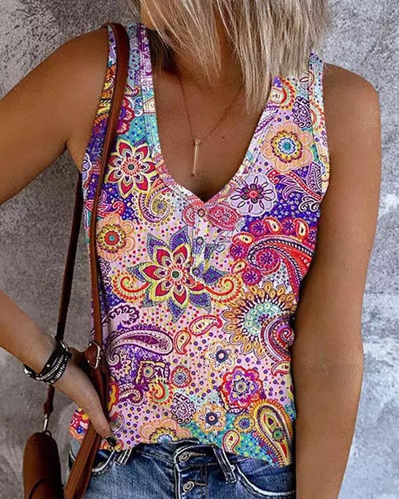 

Paisley Print Buttoned Tank Top, Multicolor