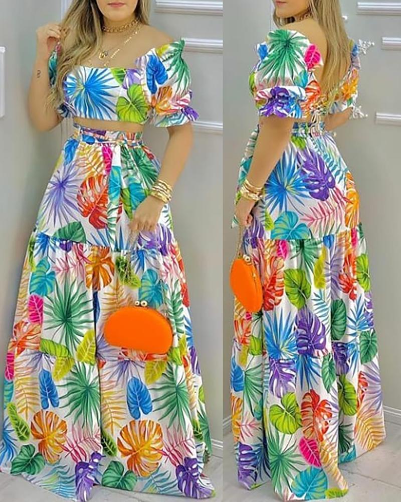 

Tropical Print Off Shoulder Maxi Top & Skirt Set, Multicolor