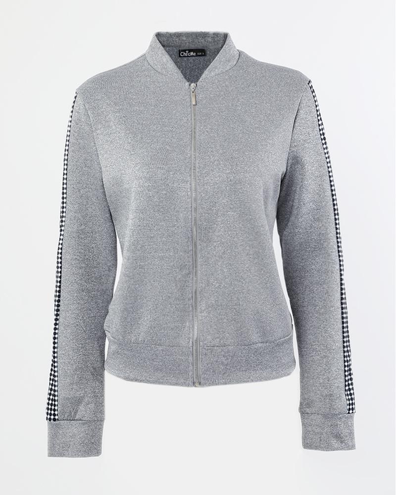 

Plaid Print Patch Zip Front Long Sleeve Coat, Gray
