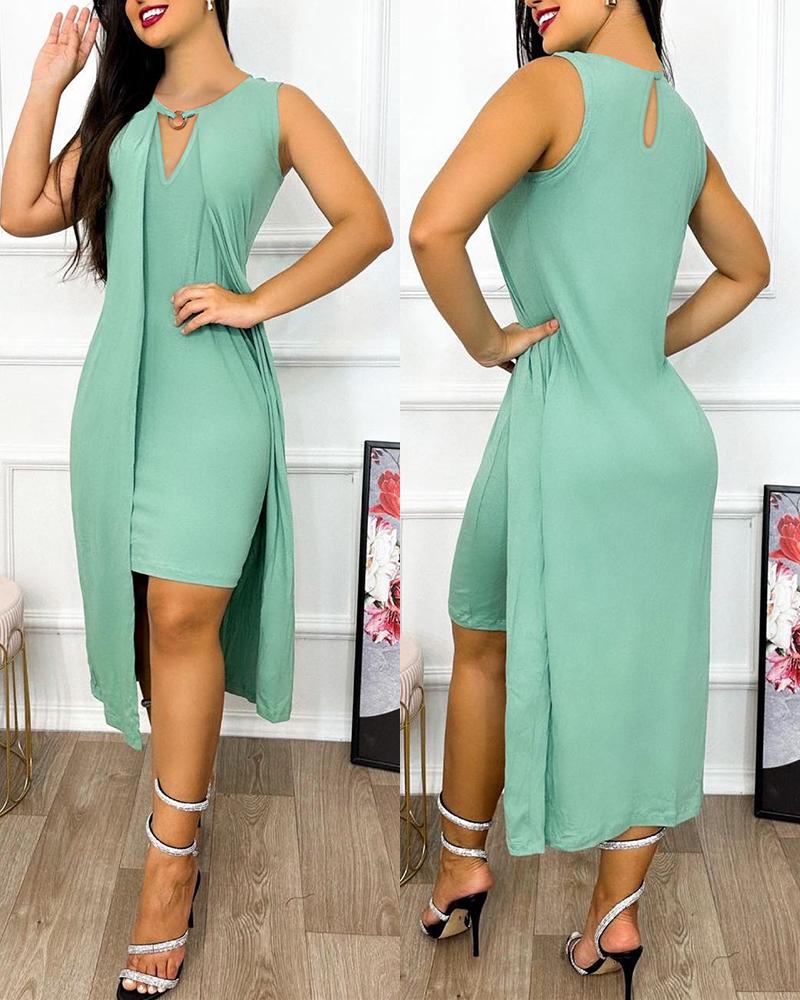 

O-Ring Decor Slit Asymmetrical Casual Dress, Green