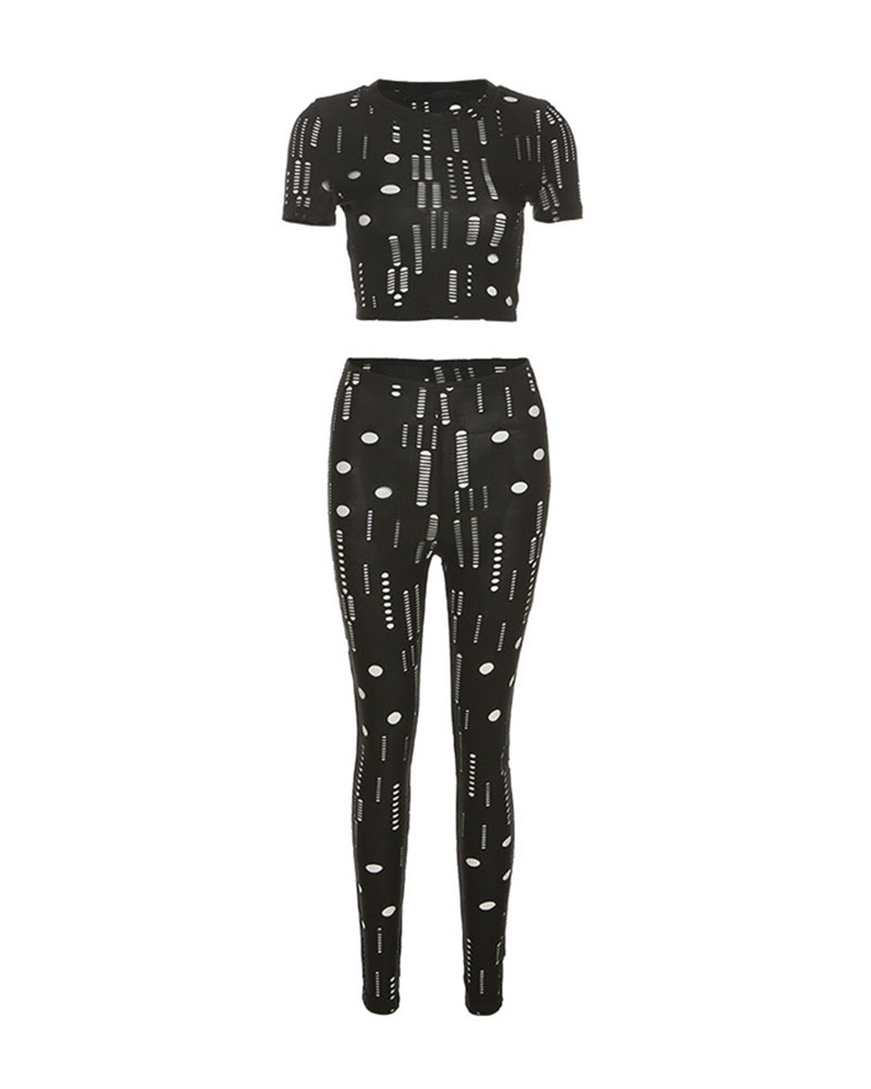 

Hollow Out Crop Top & Skinny Pants Set, Black