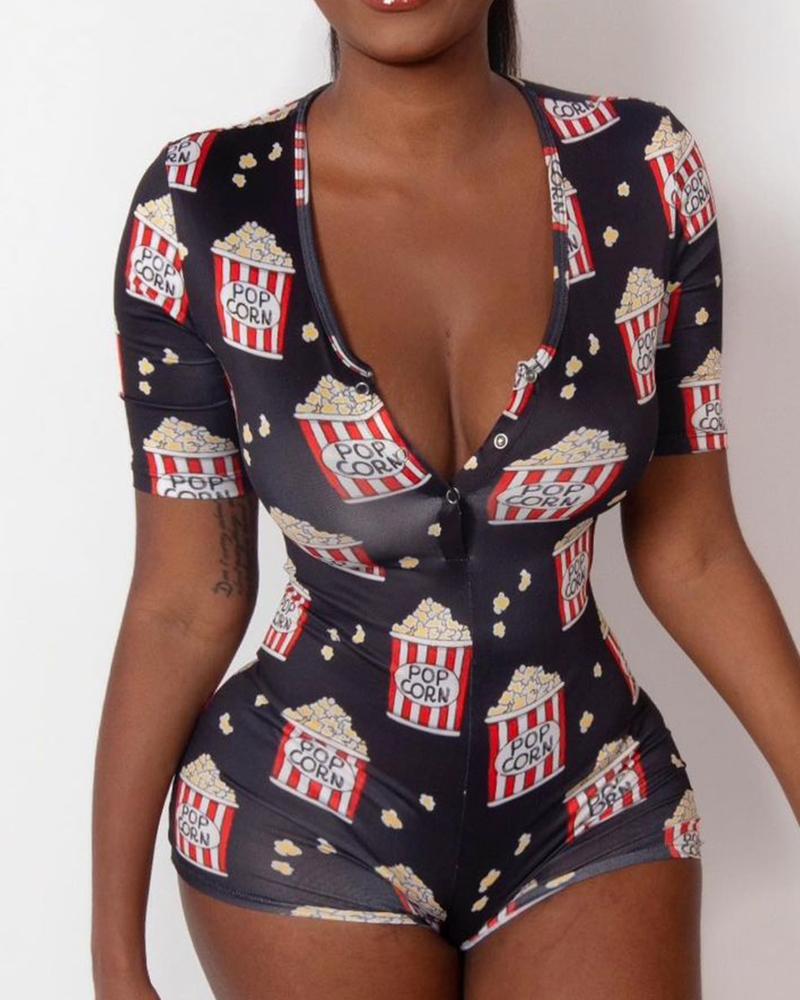

Graphic Print Short Sleeve Button Detail Skinny Romper, Black