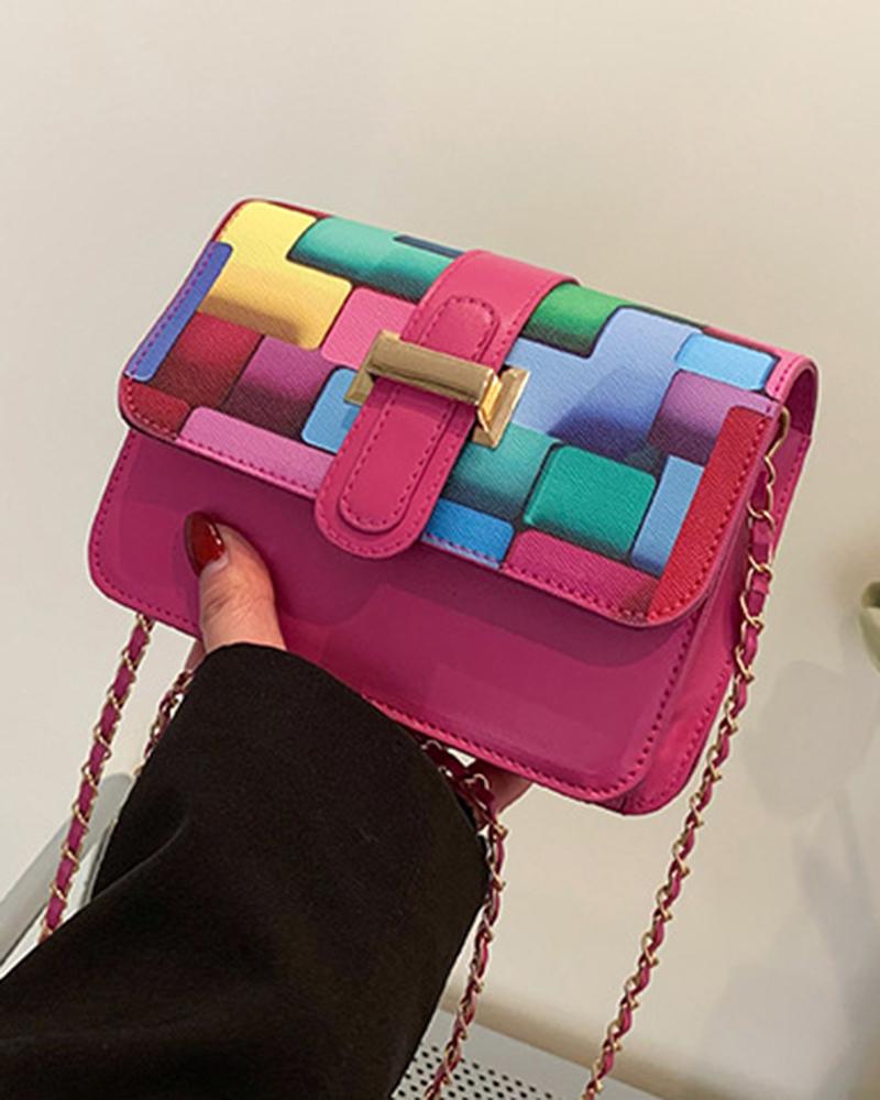 

Vintage Colorblock Square Shoulder Bag, Hot pink