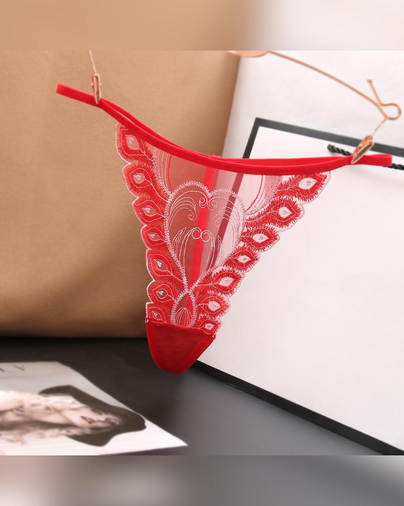 

Sexy See-through Splicing Feather Embroidery Skinny Thong Panties, Red