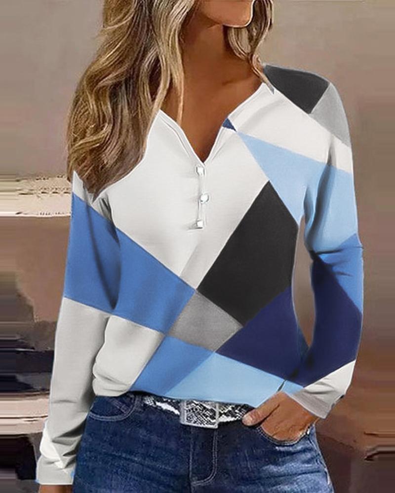 

Geometric Print Colorblock Buttoned Casual Blouse, Blue