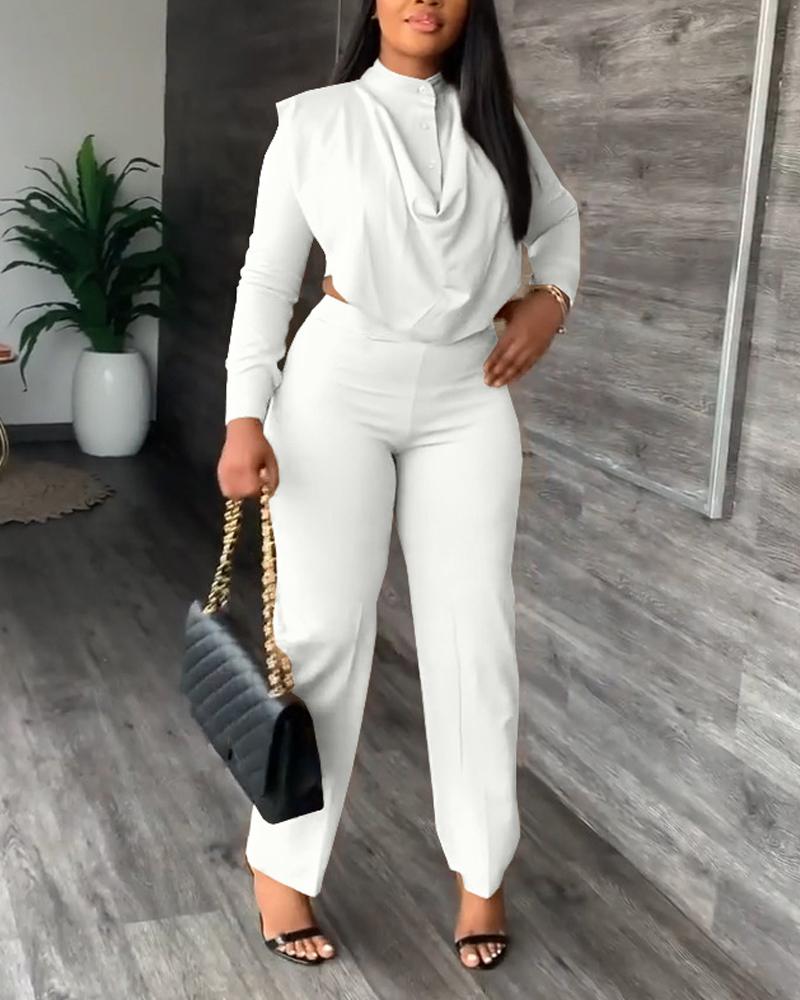 

Long Sleeve Cowl Neck Asymmetrical Top & Pants Set, White