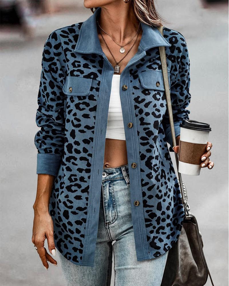 

Leopard Print Long Sleeve Button Down Shacket, Blue