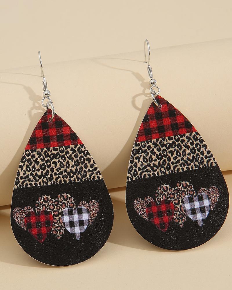 

Valentine's Day Plaid Cheetah Print Waterdrop Shaped Earrings, Black