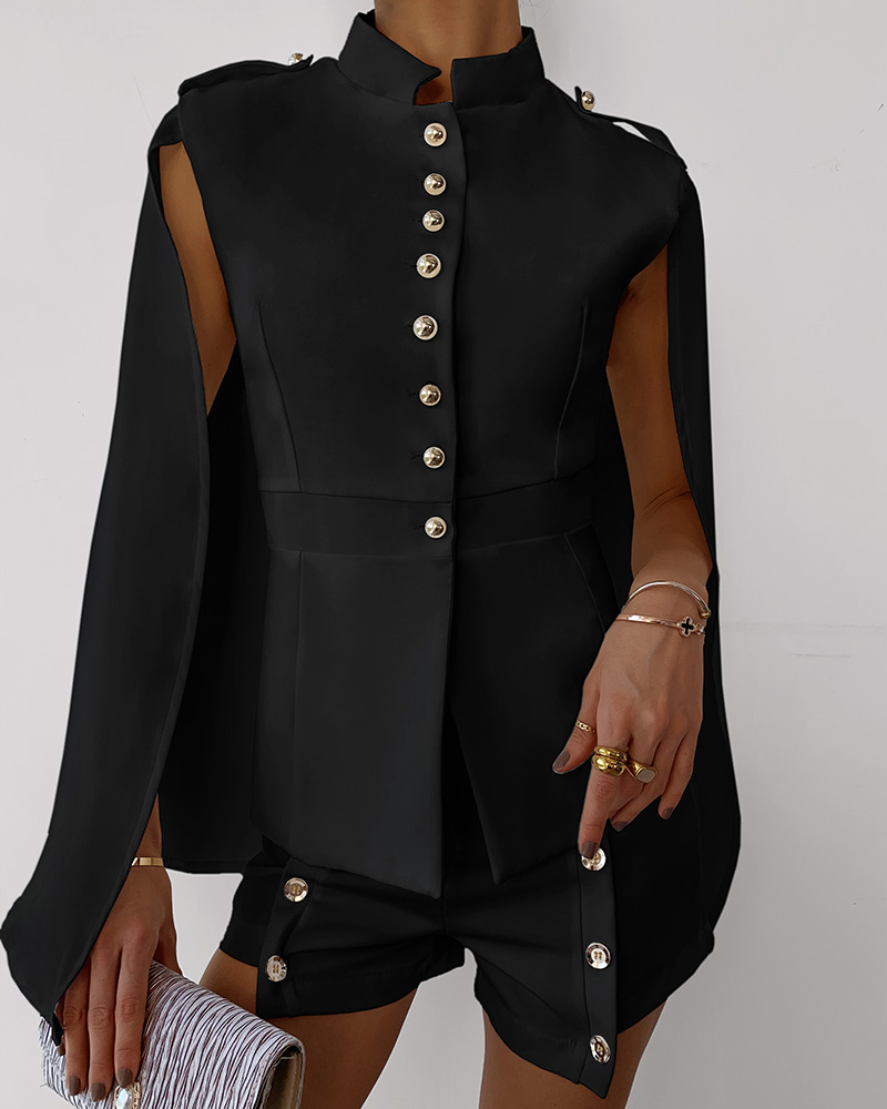 

Cape Sleeve Button Design Top & Shorts Set, Black