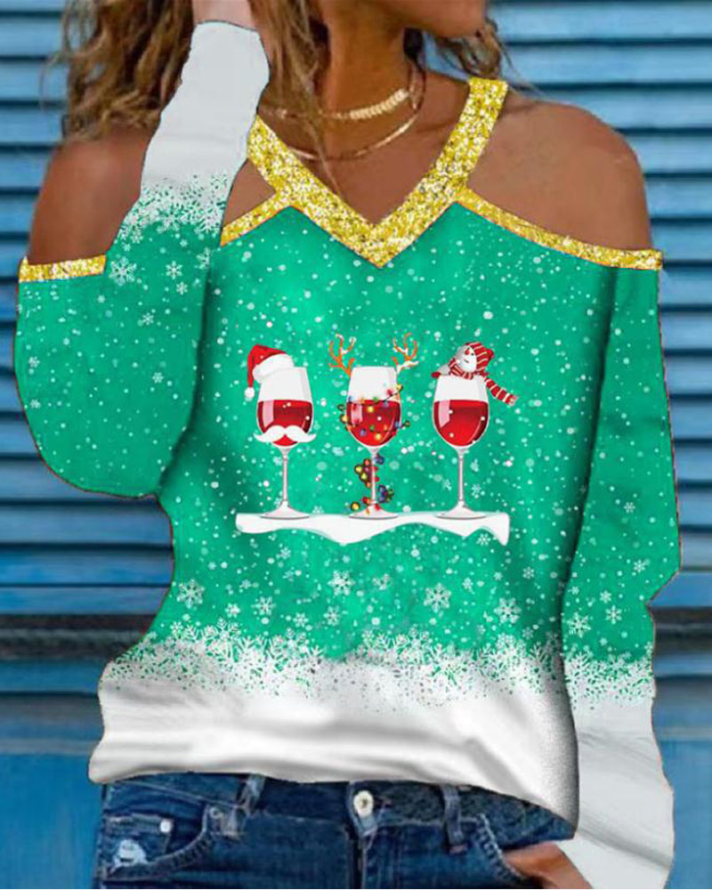 

Christmas Wine Glass Snowflake Print Cold Shoulder Top, Green