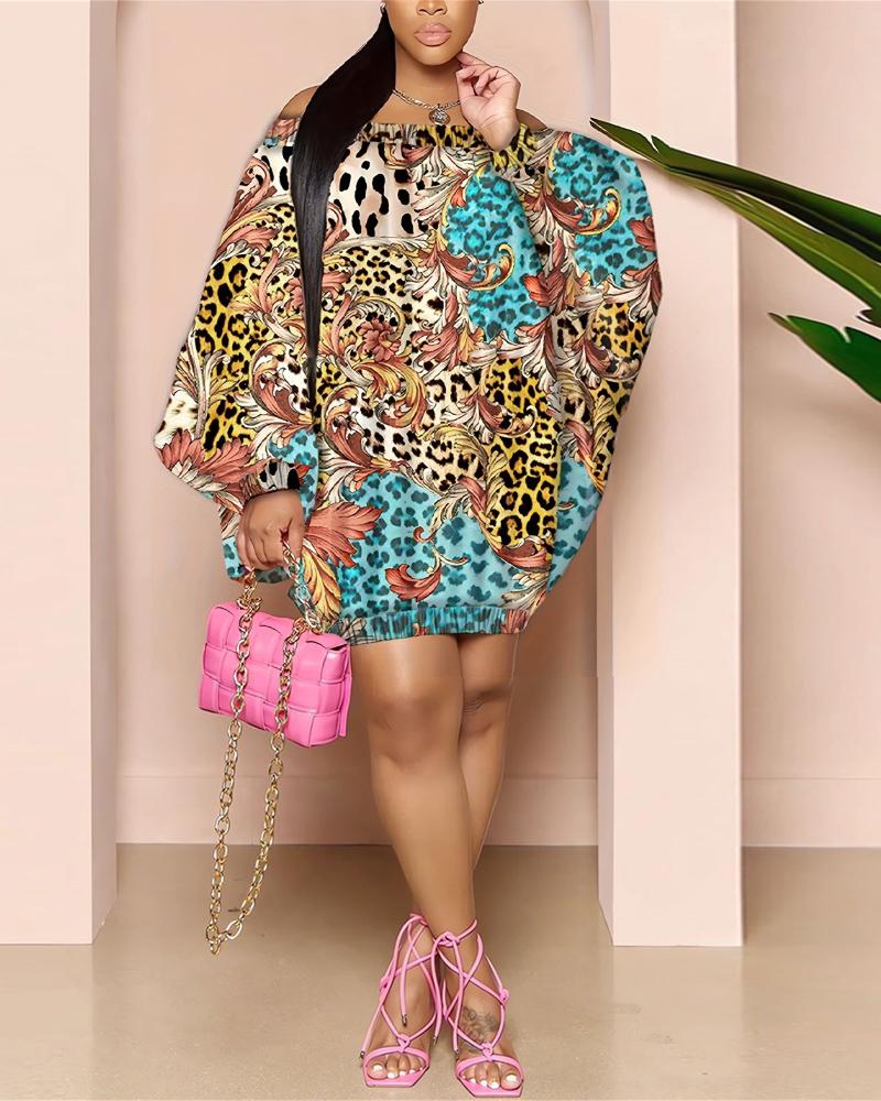 

Plus Size Leopard Baroque Print Off Shoulder Casual Dress