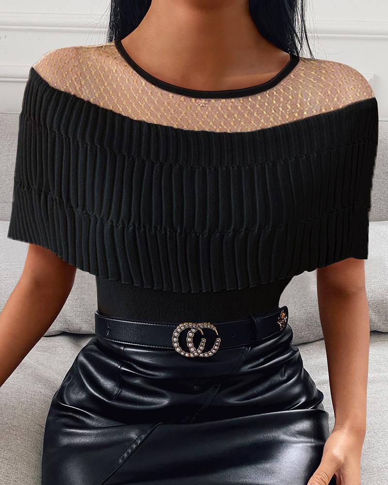 

Cold Shoulder Ice fabric Patchwork Rib-knit Short Sleeve T-shirt, Black