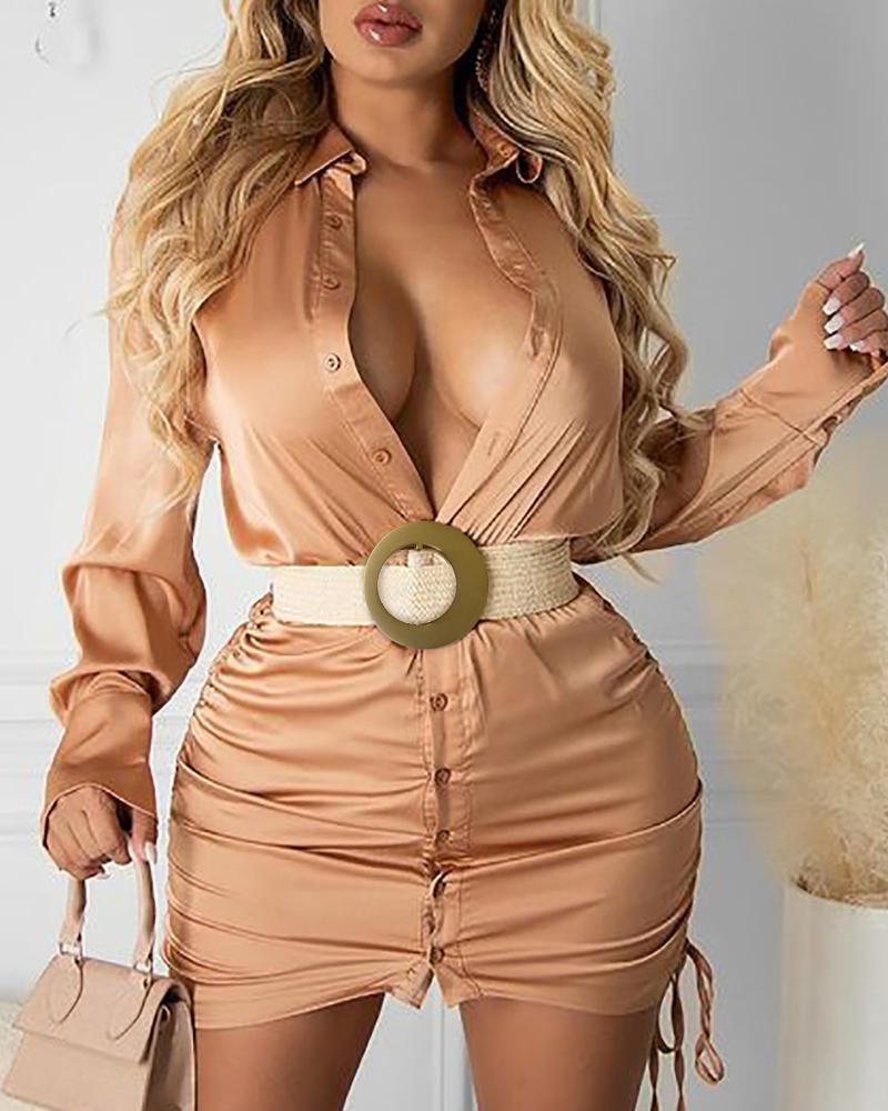 

Drawstring Ruched Buttoned Shirt Dress With Belt, Champagne