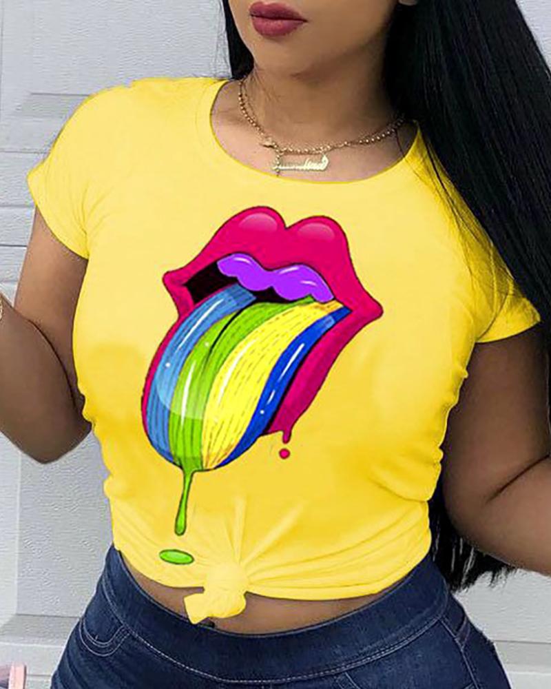 

Colorful Lips Short Sleeve T-Shirt, Yellow