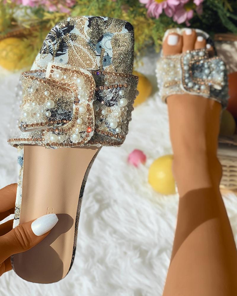 

Beaded Rhinestone Decor Square Toe Slippers, Gold&gray
