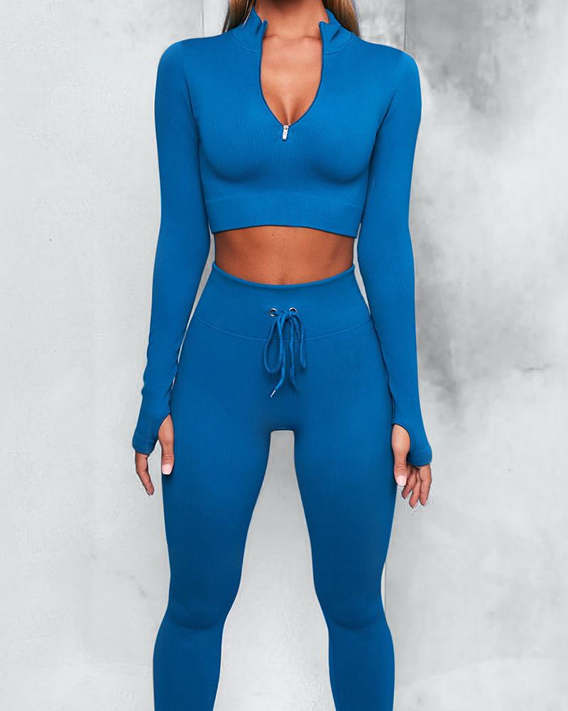 

Low Cut Plain Seamless Patchwork High Waist Active Sets, Blue