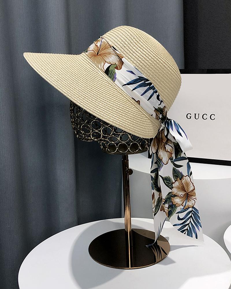 

1pc Tropical Print Scarf Decor Straw Hat, Beige