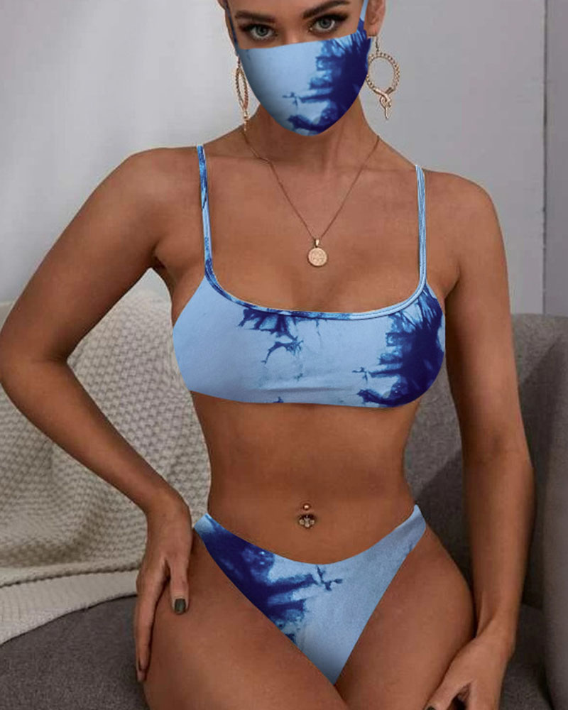 

Tie Dye Strap Tanks With High Waist Panties Bikini Sets, Blue