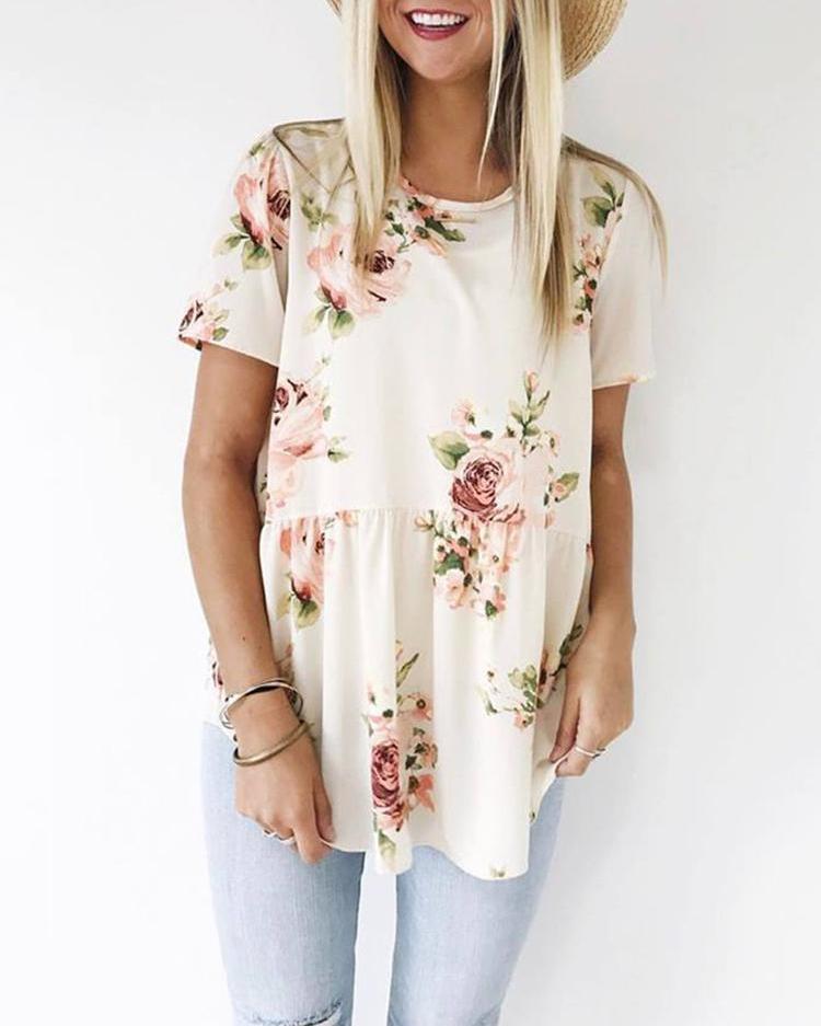 

Round Neck Short Sleeve Floral T-Shirt, White