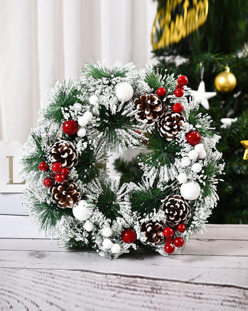 

1pc Christmas Wreath Artificial Red Berries Pine Cones Snowy Pine Needles Wreath Garland Christmas Ornaments Front Door Window Home Decor, Style3