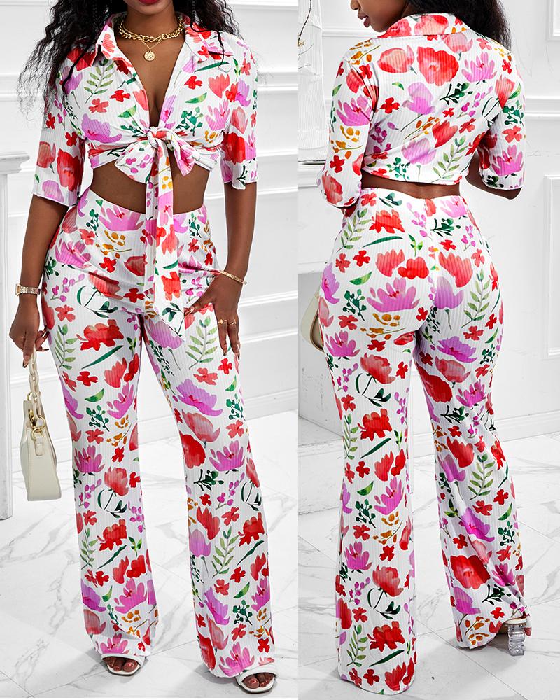 

Floral Plants Print Knotted Top & Pants Set, Multicolor
