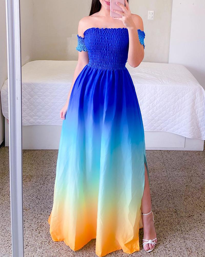 

Ombre Shirred Off Shoulder Slit Maxi Dress, Blue