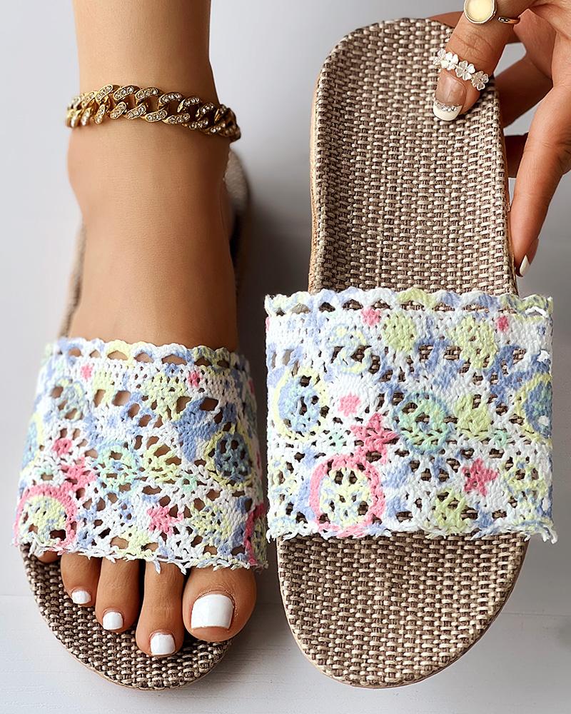 

Tie Dye Crochet Wide Strap Linen Slippers, Beige