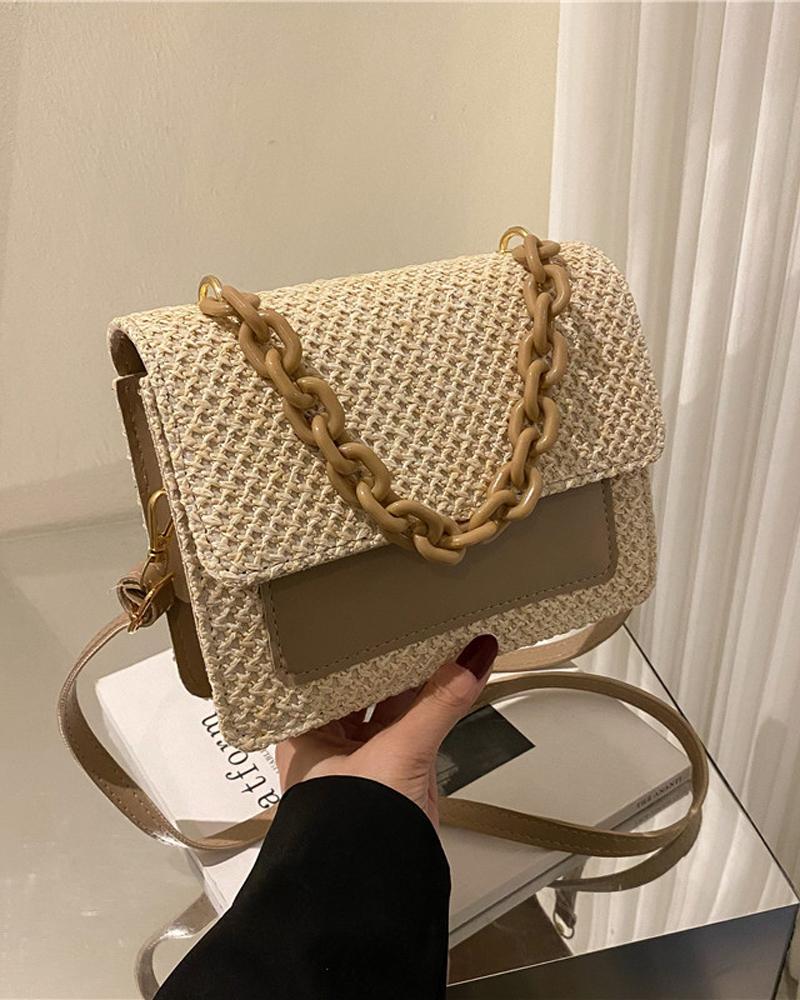 

Colorblock Straw Flap Shoulder Bag With Chain Handle, Khaki