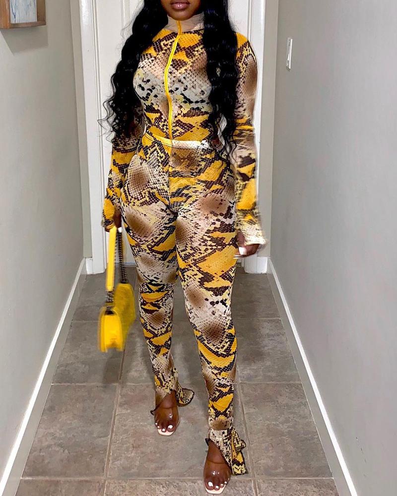 

Snakeskin Colorblock Long Sleeve Top & Pants Set, Yellow