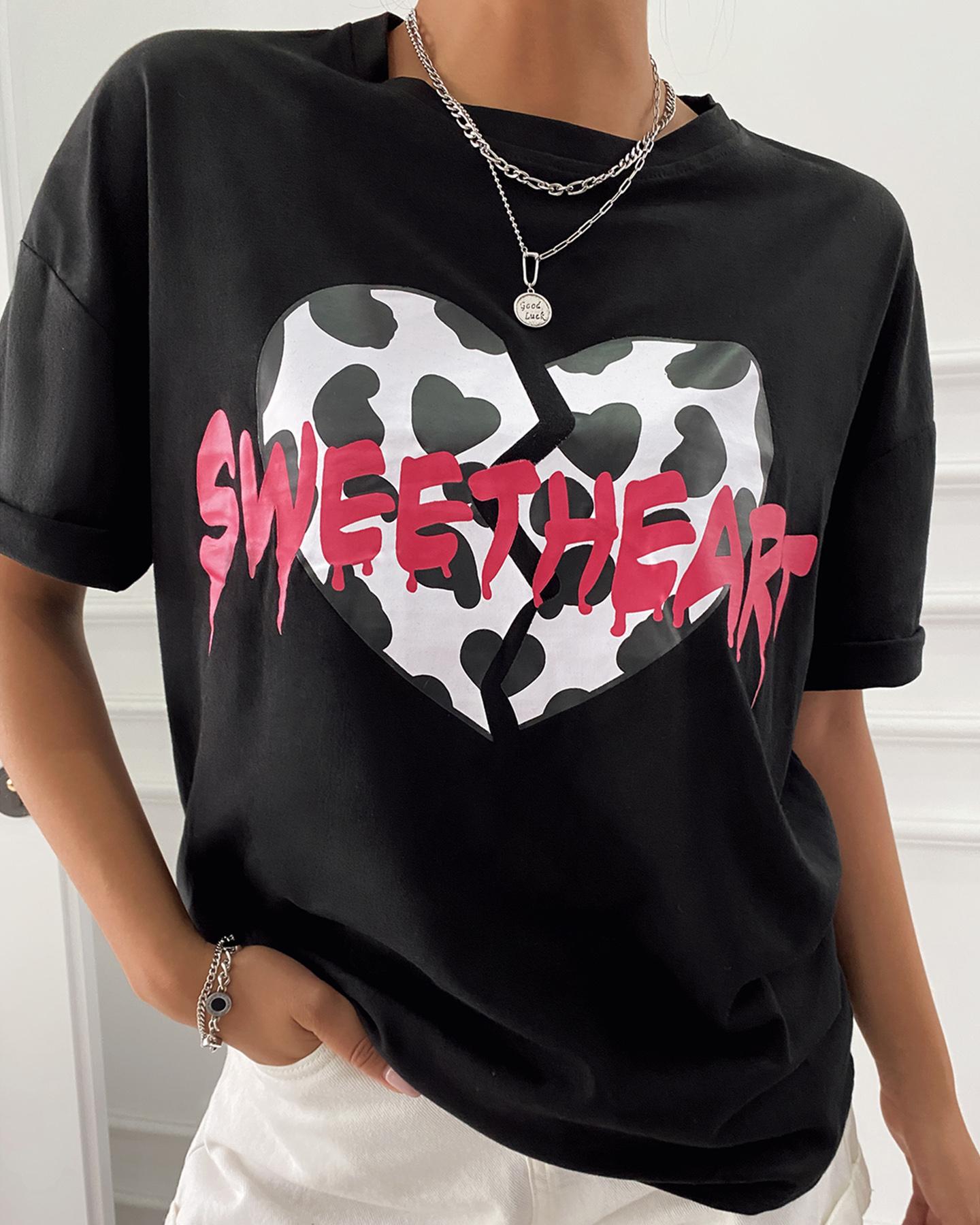 

Letter Broken Heart Print Casual T-shirt, Black