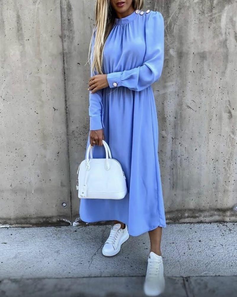 

Solid Satin Cinched Waist Long Sleeve Dress, Blue