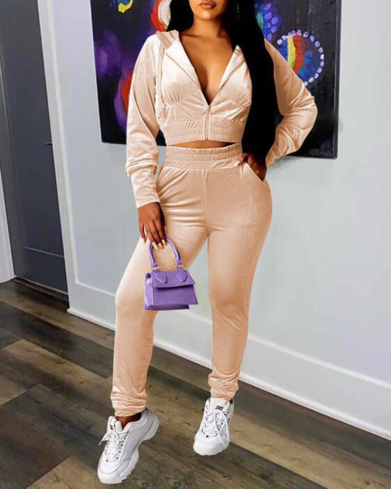 

Zipper Design Hooded Top & High Waist Pants Set, Beige