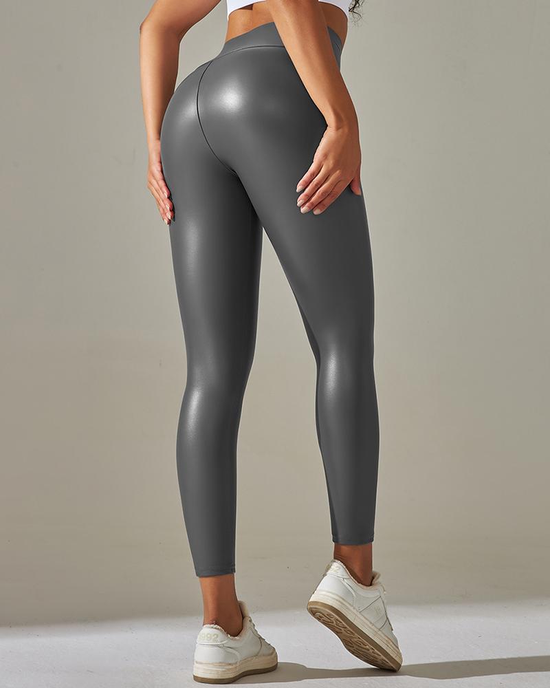 

Plus Size High Waist PU Leather Skinny Pants, Gray