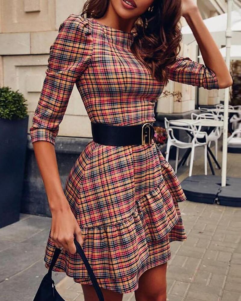 

Puff Sleeve Ruffle Hem Plaid Mini Women Dress, Red