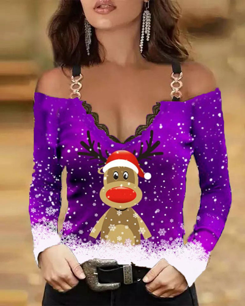 

Christmas Print Lace Trim Chain Strap Cold Shoulder Top, Purple