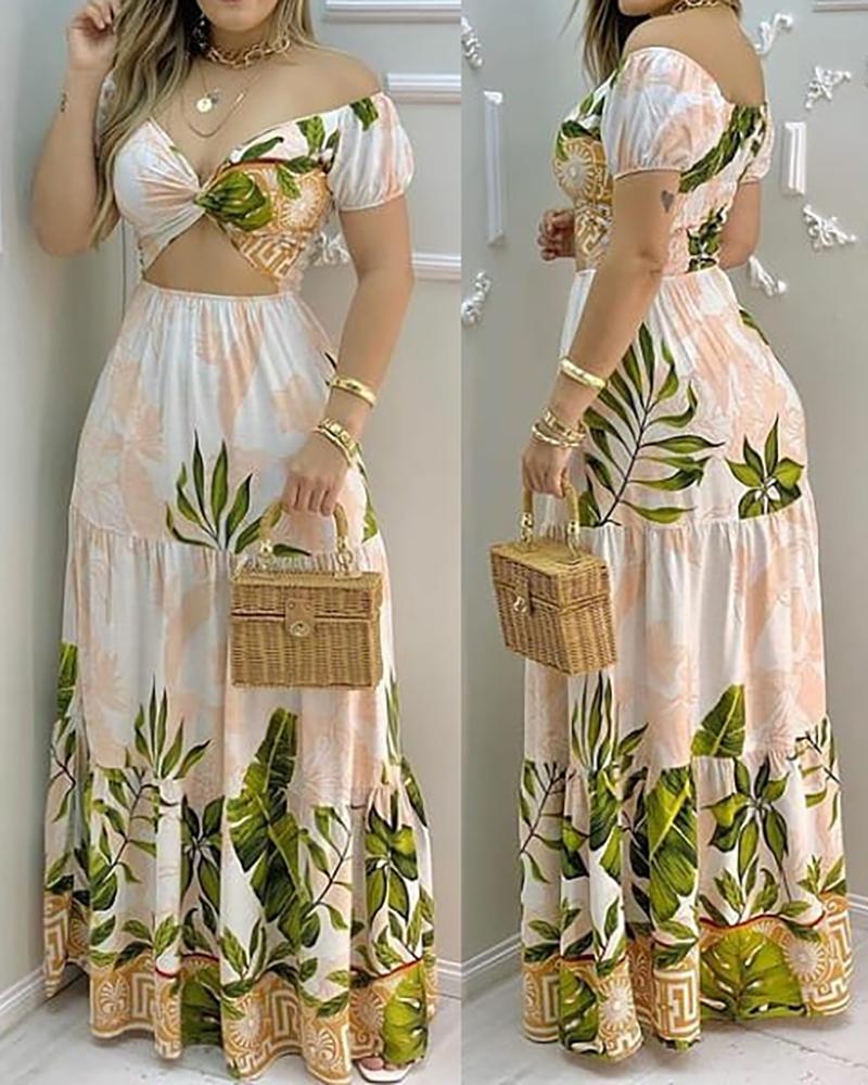 

Tropical Print Hollow-out Design Off Shoulder V Neck Maxi Dress, Multicolor