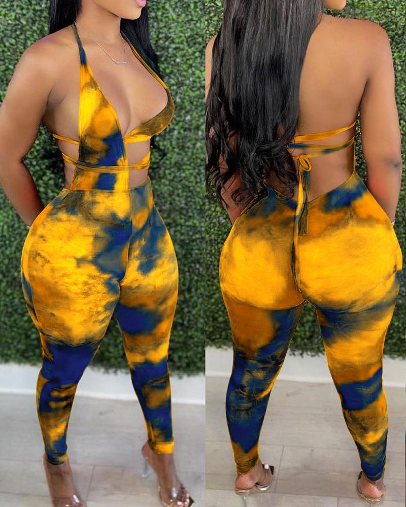 

Tie Dye Print Halter Backless Top & Pants Set, Yellow