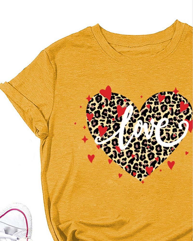 

Valentine' Day Heart Letter Cheetah Print O-Neck T-shirt, Yellow