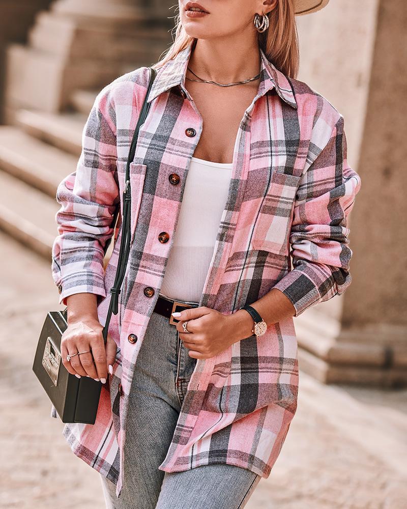 

Plaid Print Long Sleeve Button Down Shacket, Pink