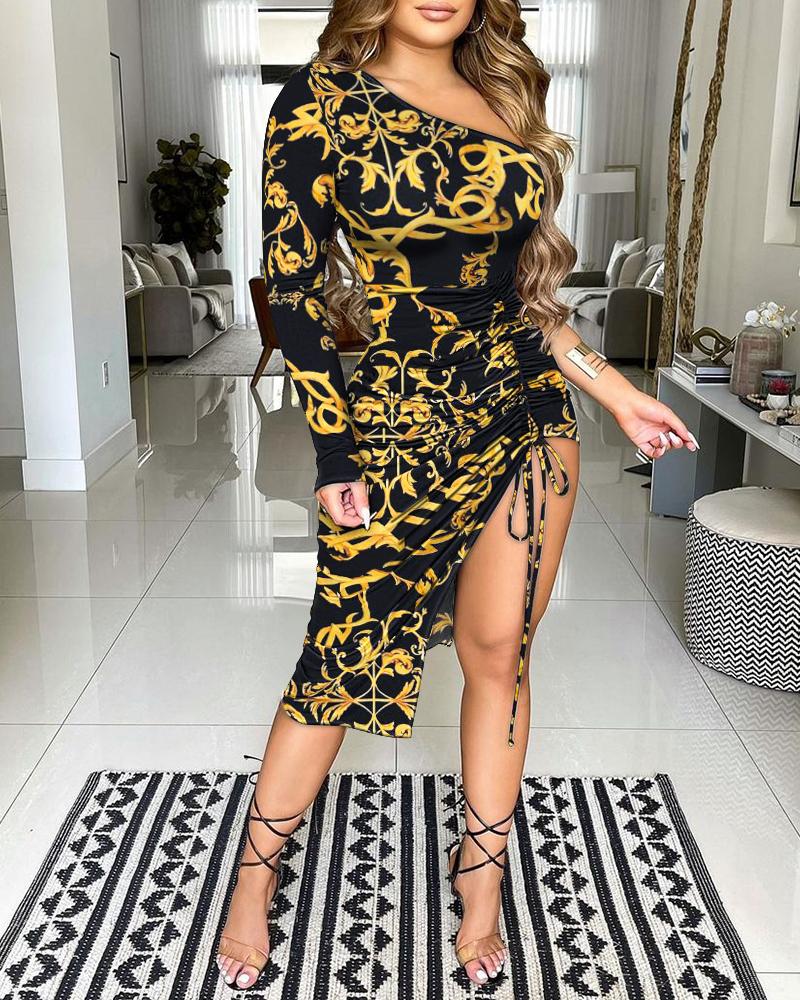 

Scarf Print One Shoulder Drawstring Ruched Slit Bodycon Dress, Yellow