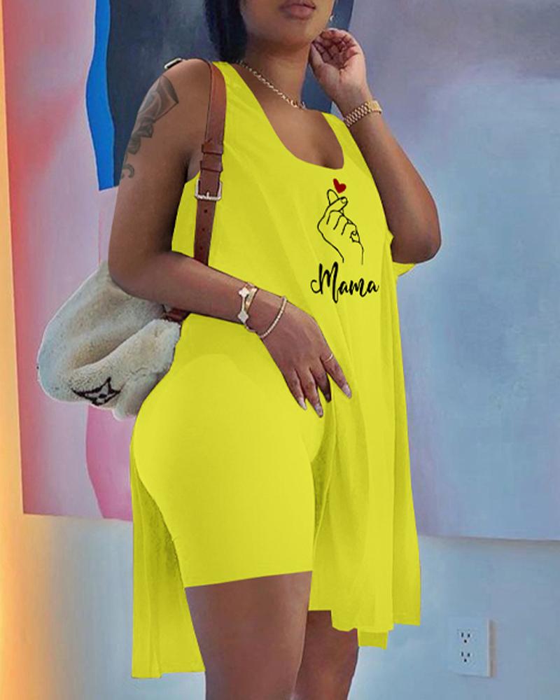 

Mother's Day Letter Heart Print Slit Tank Top & Shorts Set, Yellow
