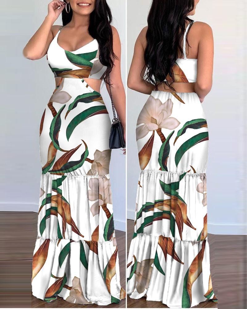 

Plants Print Cutout Ruffle Hem Cami Maxi Dress, White