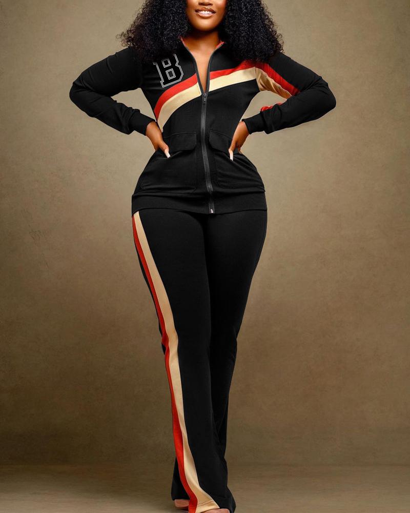 

Plus Size Contrast Paneled Letter Pattern Zip Up Top & Pants Set, Black