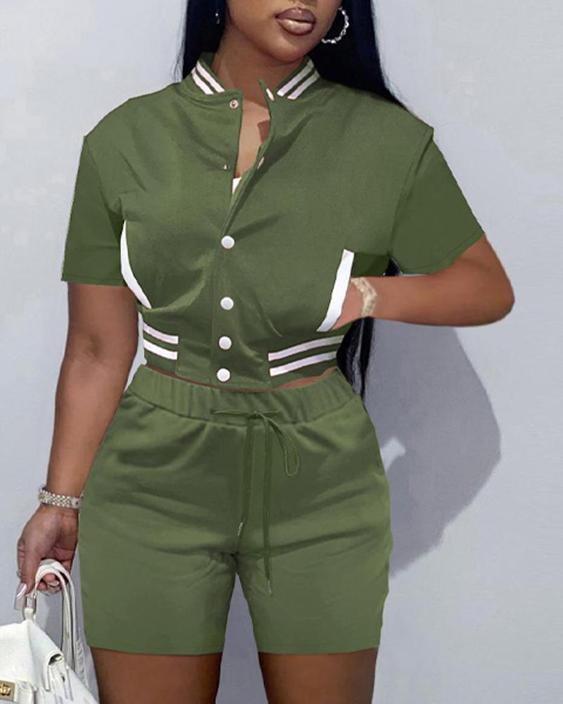 

Contrast Paneled Crop Top & Drawstring Shorts Set, Green